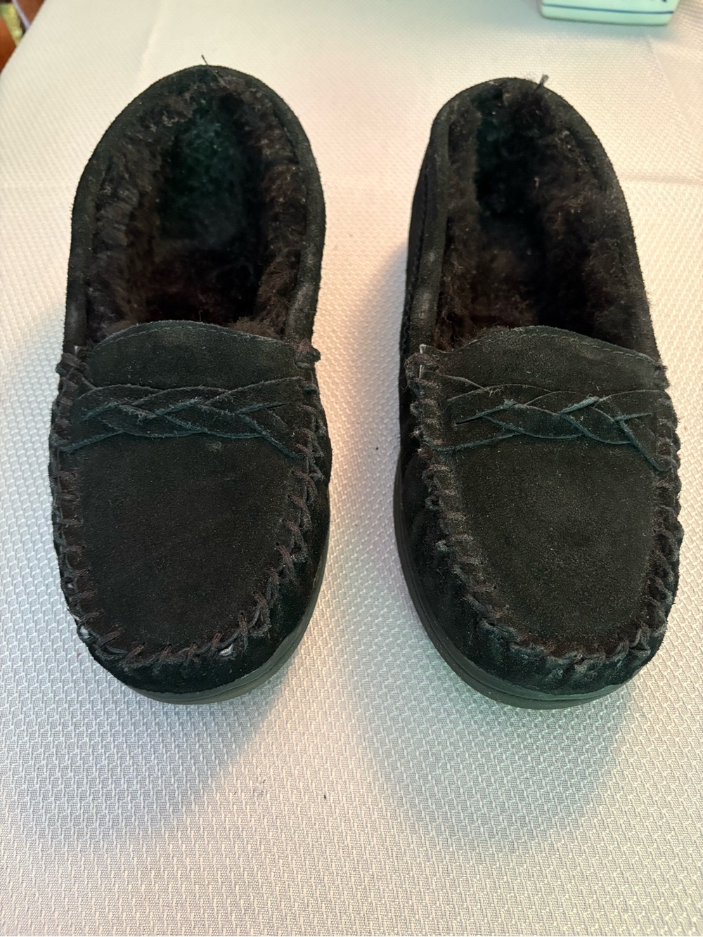 Woman’s bear paw Black Suede Moccasin Slippers with Faux Fur Lining